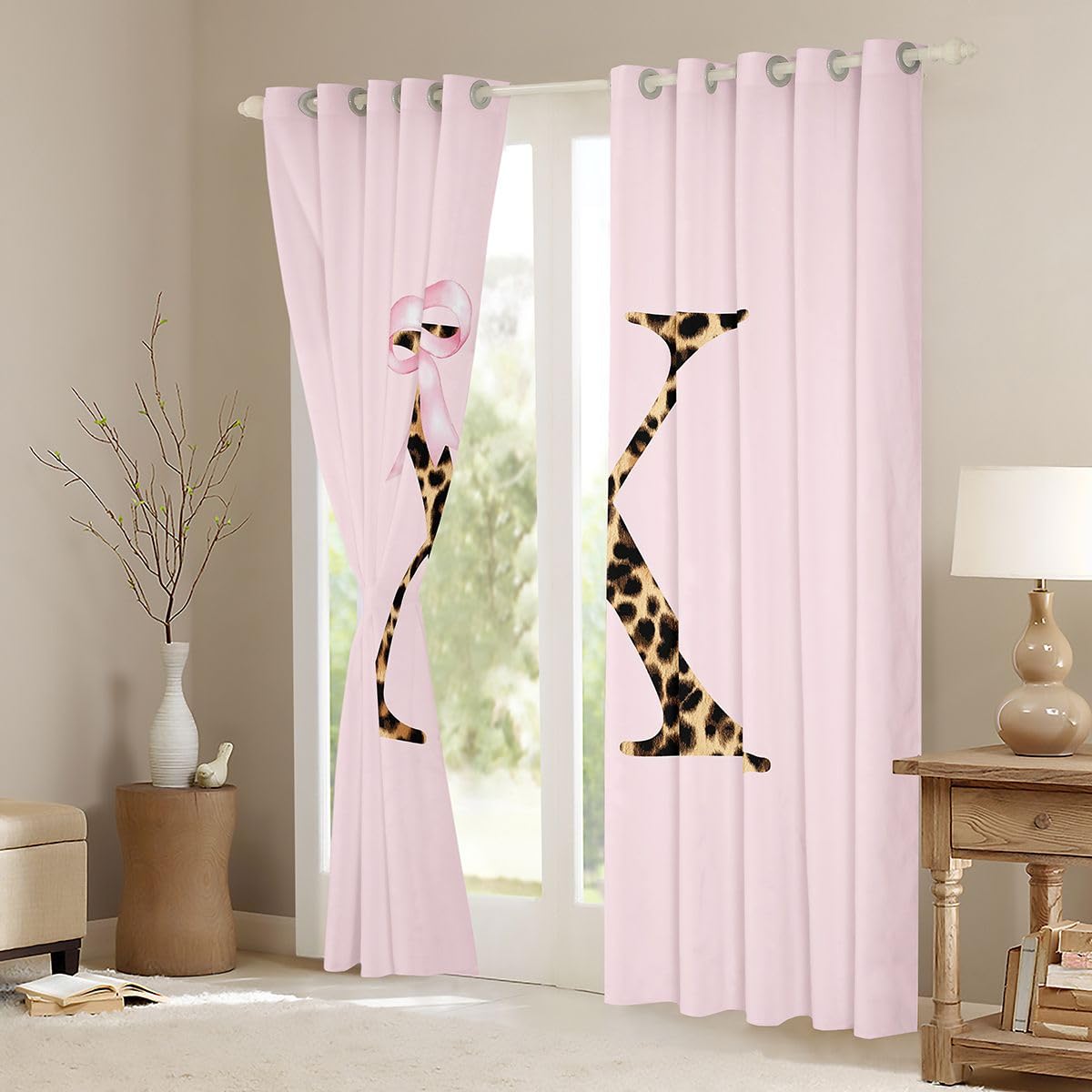 Homewish Homwish - Tende per finestre personalizzate con iniziale, 117 x 183 cm, 2 pannelli, con fiocco rosa, stampa leopardata, tende moderne e alla moda per camera da letto