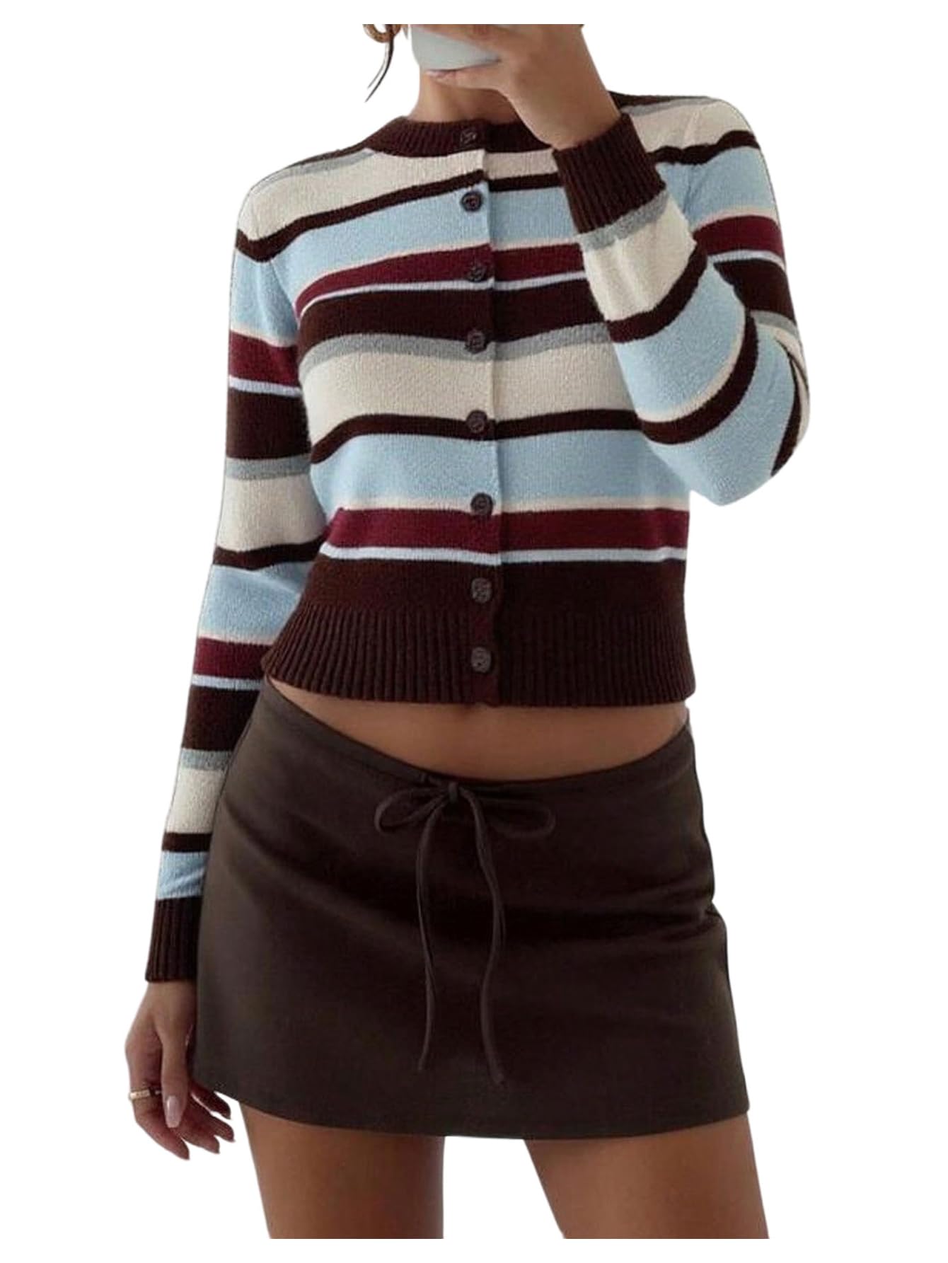 MakeMeChic Womens Striped Cardigan Sweater Button Down Long Sleeve Knitted Cardigans