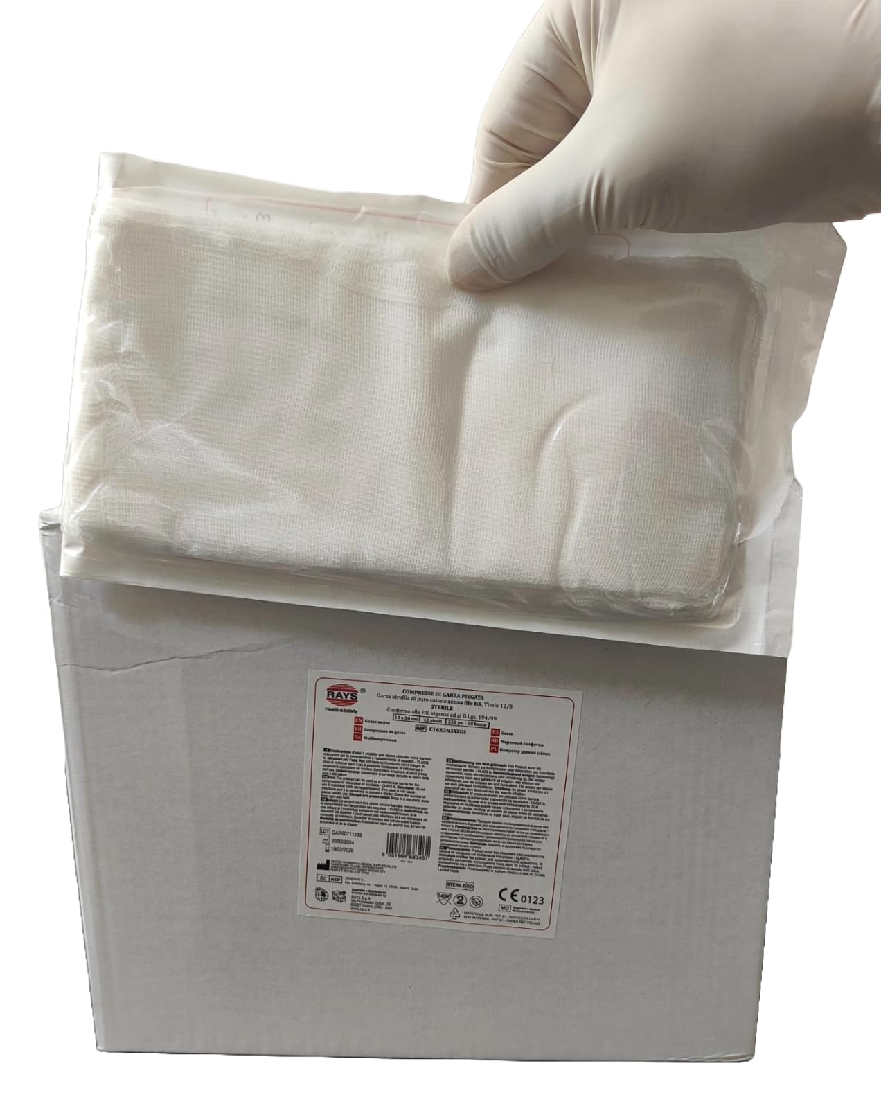 Garze Sterili 10x20 cm in Cotone Idrofilo – 250 Pezzi (50 Buste x 5) – Compresse Monouso per Medicazione e Uso Professionale