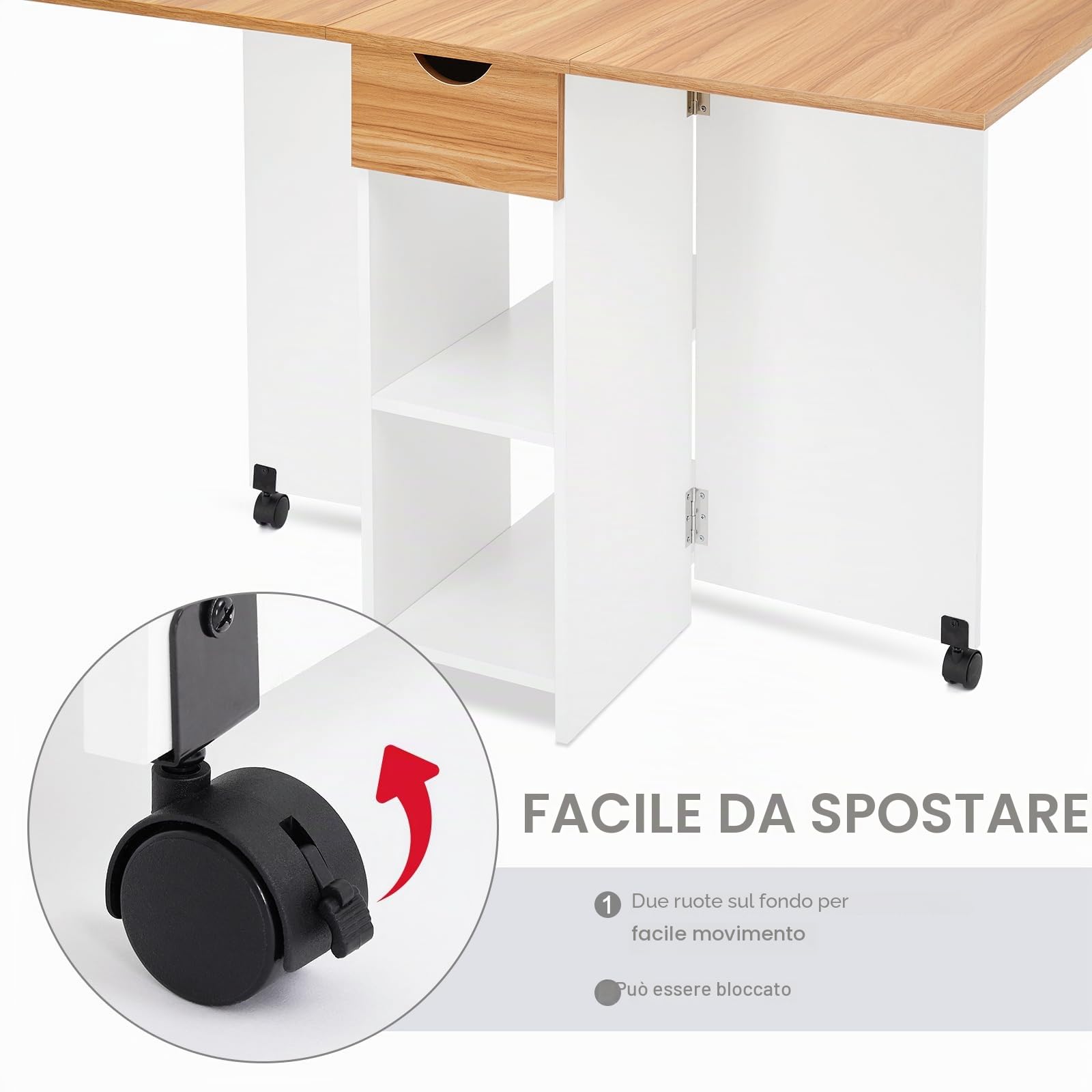 Mondeer Tavolo da pranzo, tavolo da cucina pieghevole per 4-6 persone, tavolo pieghevole con cassetto e 2 ripiani aperti per piccoli spazi, sala da pranzo, cucina, 120 x 72 x 75 cm, bianco+rovere