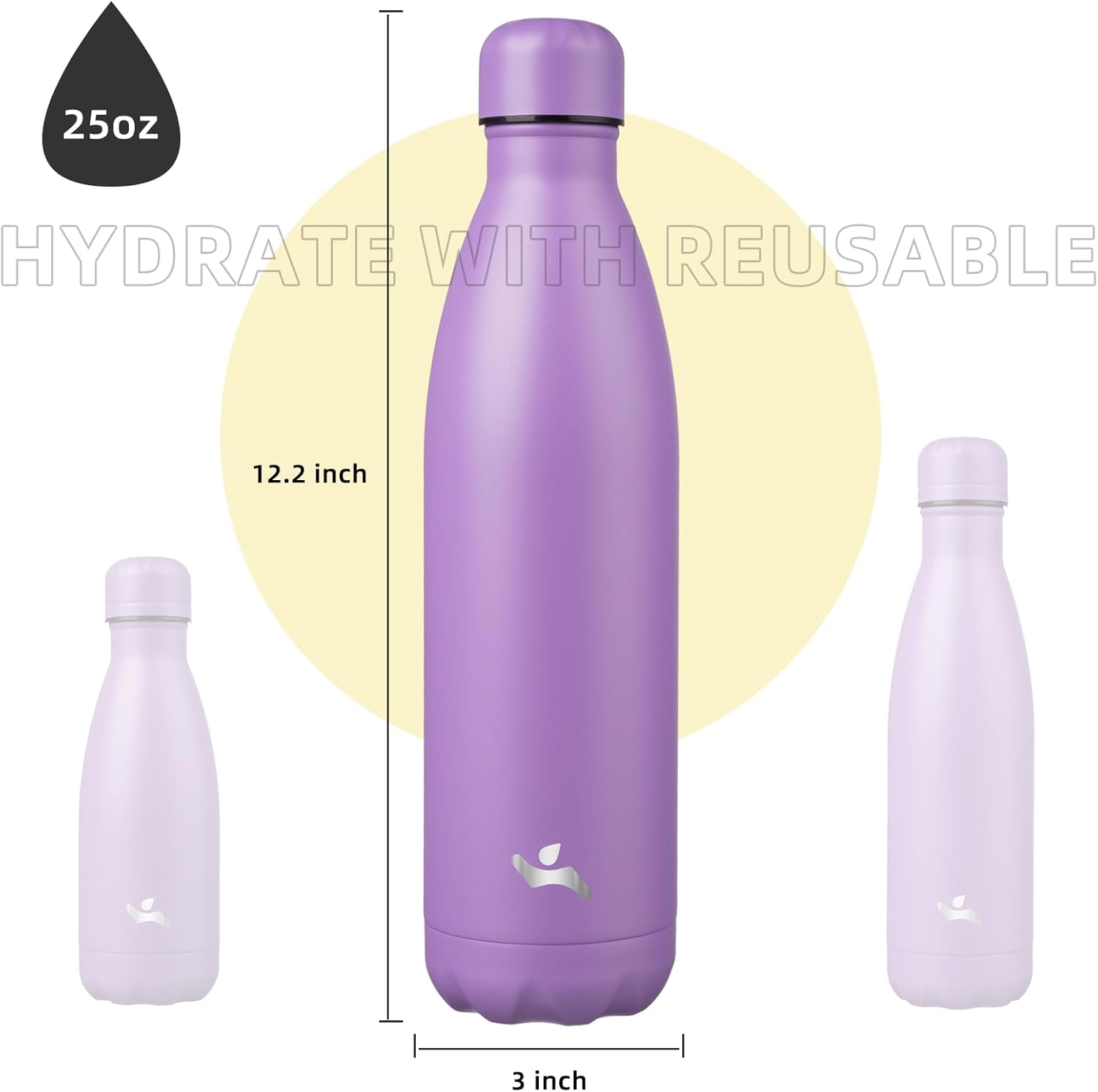Insulated Water Bottles,25 oz Double Wall Stainless Steel Vacumm Metal Flask for Sports Travel,Lavender - Image 3