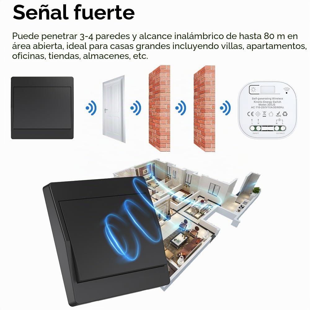 interruptor inalámbrico cinético negro RF interruptores inalámbricos de control simple y doble sin batería mando a distancia radio interruptor inalámbrico (Negro 1Gang 1V1 EU)