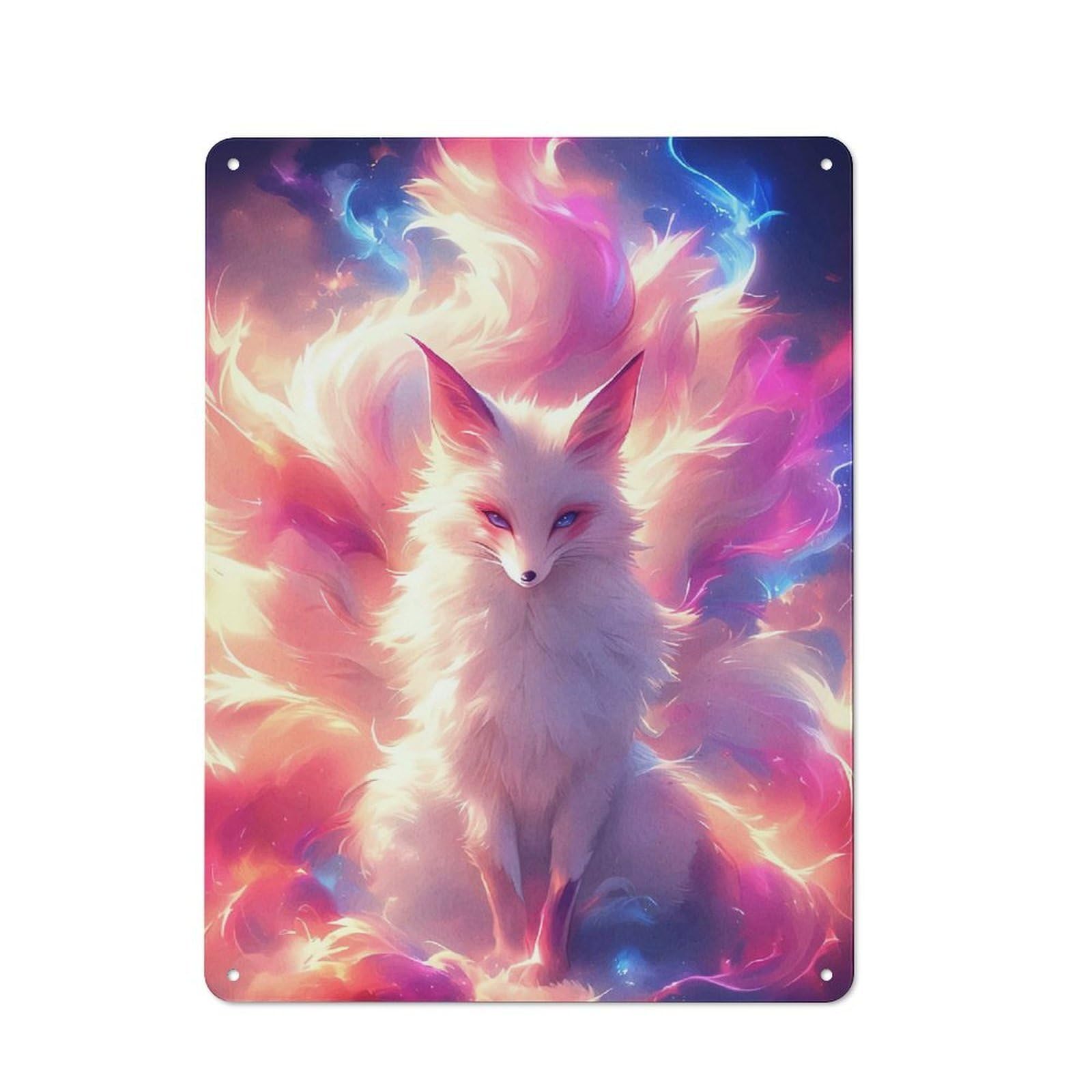 Junmoney Style-21 Metal Wall Sign 40X30cm Featuring Nine-Tailed Fox Fantasy For Garage Or Workshop, For Garage, Workshop And Man Cave Decoration