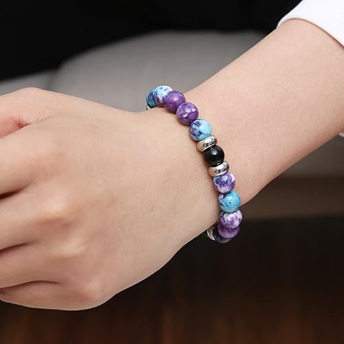 Miniatura 4 de HZMAN Beaded Bracelets for Men Women 10mm Natural Lava Rock Black Onyx Tiger Eye Stone Hematite Beads Bracelet Relief Anxiety Yoga Bracelet Elastic