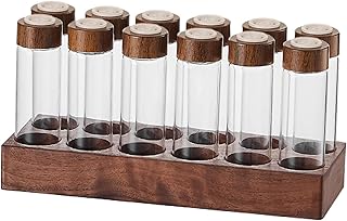Coffee Bean Dispenser Glass Coffee Beans Storage Containers Transparent with Wooden Stand Coffee Bean Jar for Pantry Bar Retail Kitchen, 12 Hole 22g