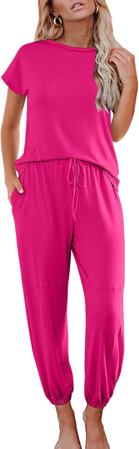 Ekouaer Pajamas for Women 2 Piece Lounge Sets Cap Sleeve Loungewear Top with Joggers Pants S-XXL