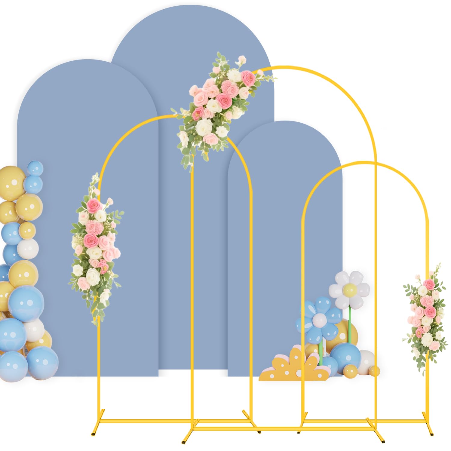 Metal Arch Stand and Cover Set 7.2FT, 6.6FT, 6FT Dusty Blue Arch Cover Set of 3 Gold Arched Frame Balloon Background Arches Stand with Cover for