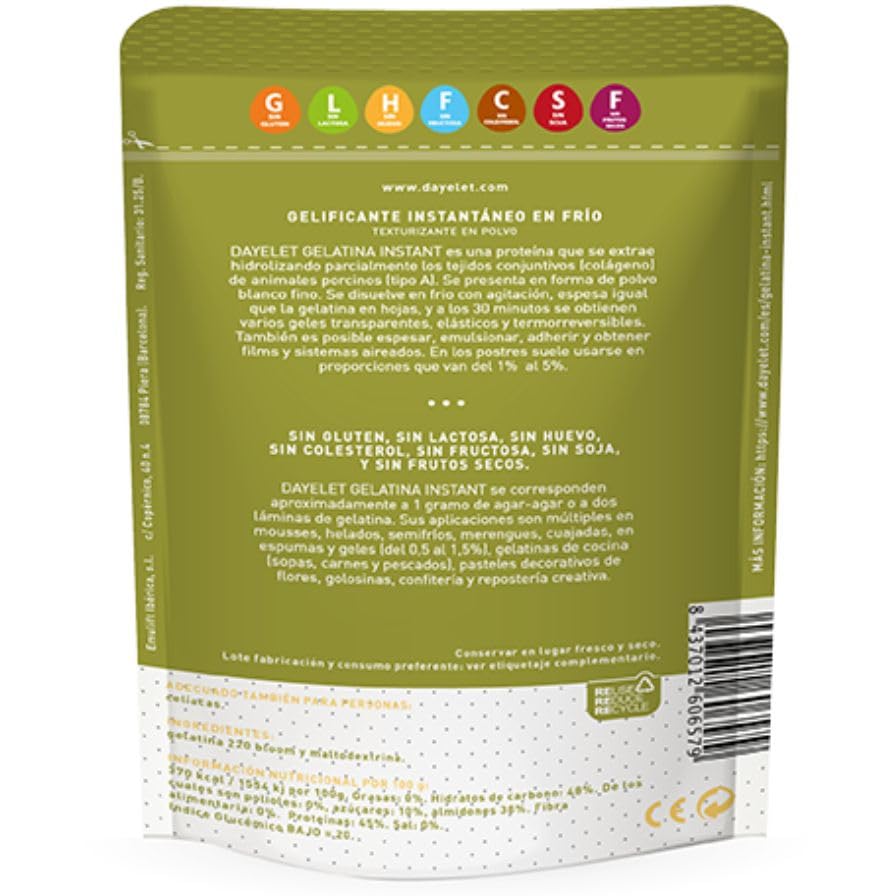 Gelatina Instant en Polvo Neutra Sin Gluten, Proteína de Colágeno Tipo A, 100g, para Postres y Repostería Sin frutos secos Sin huevo Sin lactosa Sin soja