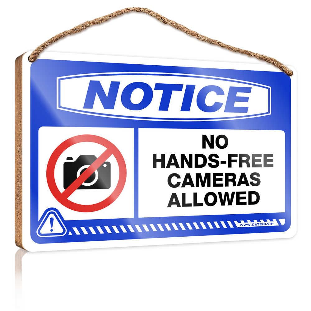 HMQW Front Door Decor Notice No Hands-Free Cameras Allowed Wooden Sign Funny Man Cave Signs Lake House Decor(23X35CM)