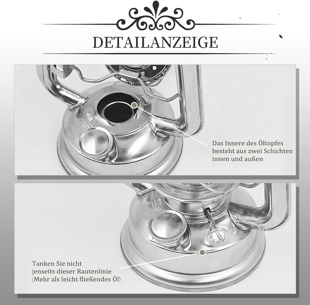 Lot de 2 lanternes d'écurie : lanterne tempête à pétrole nostalgique avec ampoule en verre, argentée 24 cm, lanterne d'écurie à pétrole, lampe tempête, ignifuge (2 pièces)