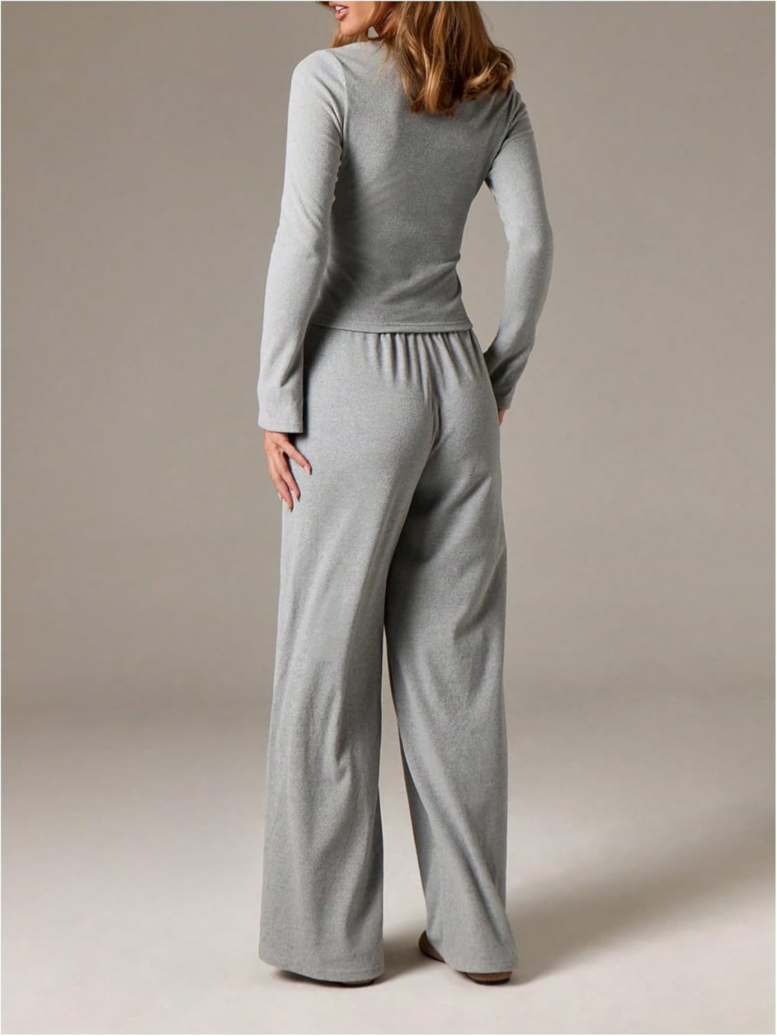 Milumia Women's 2 Piece Outfits Ribbed Long Sleeve Button Up Cardigan and Wide Leg Pants Lounge Sets - Image 3