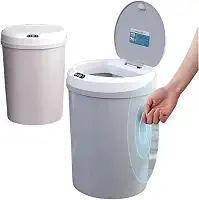 Lixeira Inteligente 5L Sensor de Proximidade, abre/fecha automático, USB recarregável. Compacta, Higiênica (18x21,5cm), ideal para cozinha, banheiro e fraldário. Design cinza neutro.