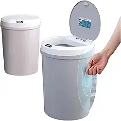 Lixeira Inteligente 5L Sensor de Proximidade, abre/fecha automático, USB recarregável. Compacta, Higiênica (18x21,5cm), ideal para cozinha, banheiro e fraldário. Design cinza neutro.