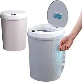 Lixeira Inteligente 5L Sensor de Proximidade, abre/fecha automático, USB recarregável. Compacta, Higiênica (18x21,5cm), ideal para cozinha, banheiro e fraldário. Design cinza neutro.