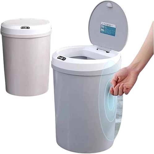 Lixeira Inteligente 5L Sensor de Proximidade, abre/fecha automático, USB recarregável. Compacta, Higiênica (18x21,5cm), ideal para cozinha, banheiro e fraldário. Design cinza neutro.