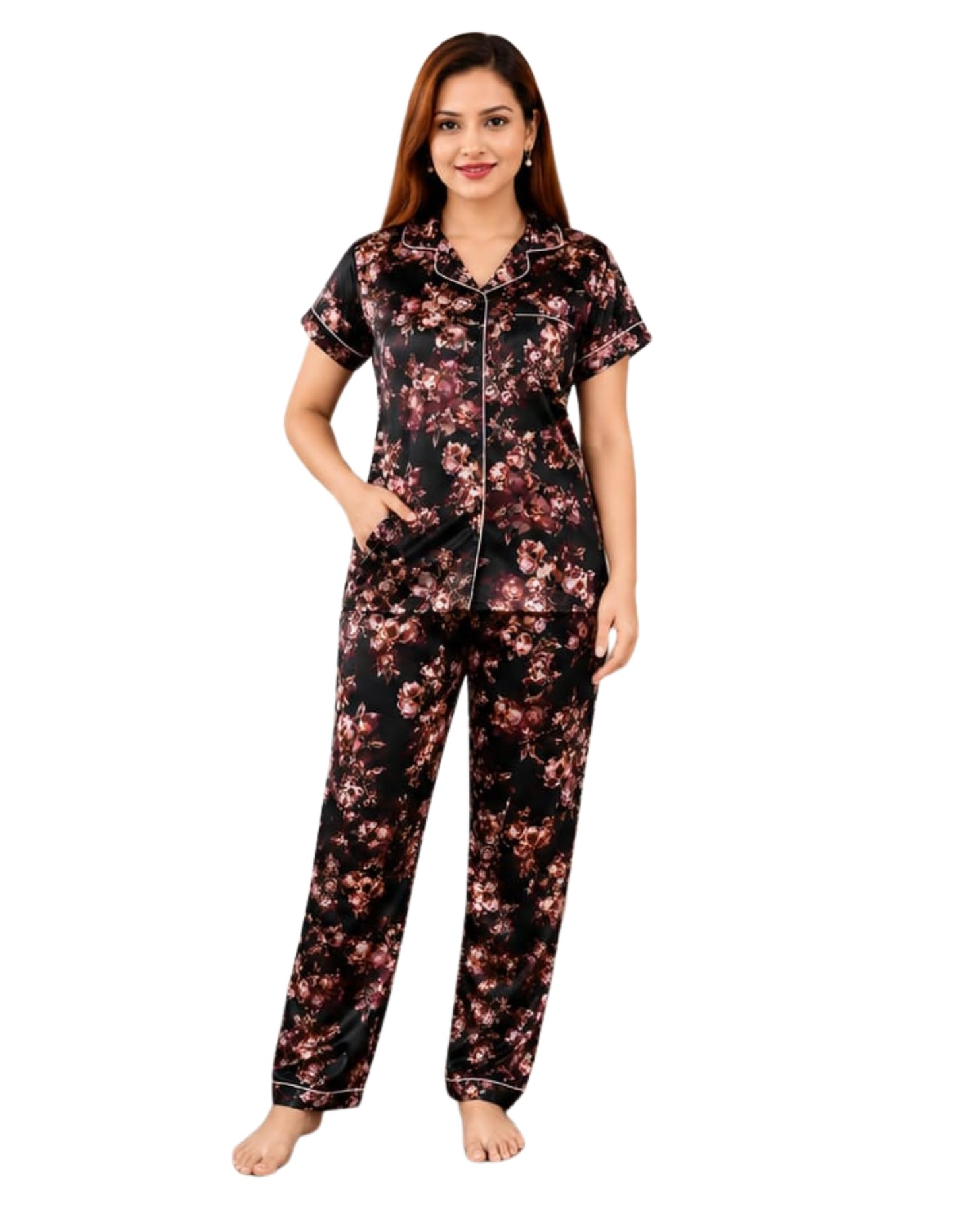 Women's Premium Satin Night Suit Set | Floral Printed Half Sleeve Button-Down Sleepwear with 1 Pocket & Contrast Piping | Soft Satin Nightwear Pajama Set-picture-26