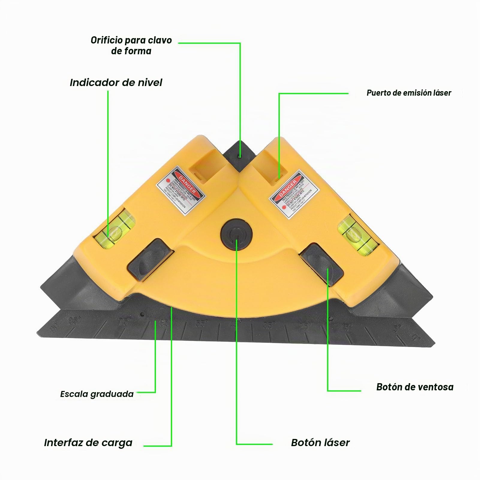 Nivel Láser De ángulo Recto De 90 Grados, Indicador De Línea De Nivelación De Rayo Verde Visible Vertical Horizontal Para Colocación De Suelo Con Batería Integrada