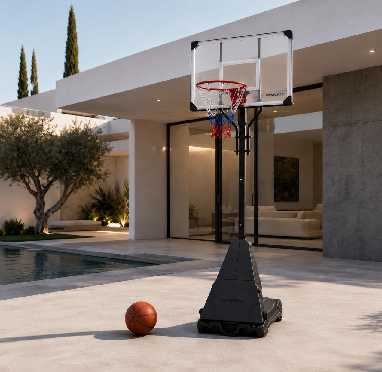 Canasta de Baloncesto portátil Regulable con Ruedas – Base rellenable, aro metálico con Red Tricolor – Uso jardín y Exterior