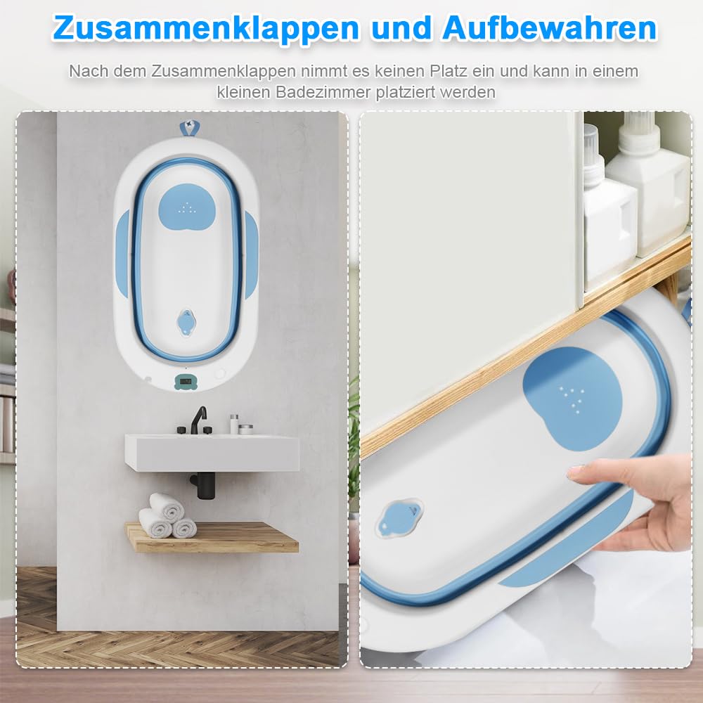 Składana wanna dla niemowląt z poduszką kąpielową, ergonomiczna, antypoślizgowa, dla noworodków w wieku 0 miesięcy, wanna termostatyczna z matą kąpielową i czepkiem prysznicowym