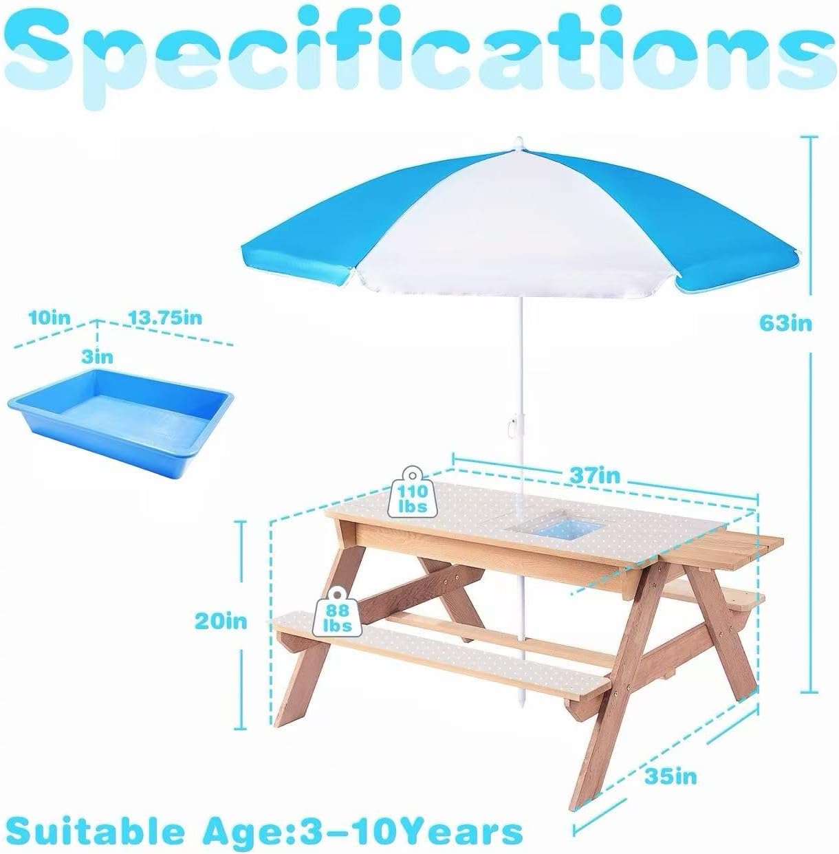 The Three-in-one Multi-Functional Outdoor Wooden Picnic Table and Sunshade Umbrella Integrate the Functions of a Picnic, Sand and Water Games, and an Activity Table. Picnic, Garden, Balcony. (Brown)