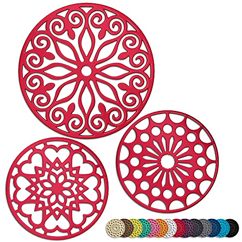 SEGGAONE 3 Set Christmas Silicone Trivet Mats With 1 Extra Large Included | Intricately Carved Insulated Flexible Durable Non Slip Thick Round Premium Trivets for Hot pots and pans | Rubin Red