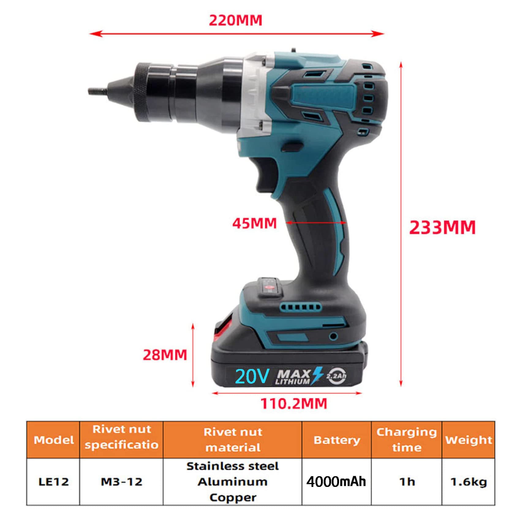 Adaptador De Pistola De Remache Eléctrico Herramienta De Inserción De Remachador Con 2 * Batería, 4000mah Portátil Inalámbrico Recargable Eléctrico Remachador Ciego