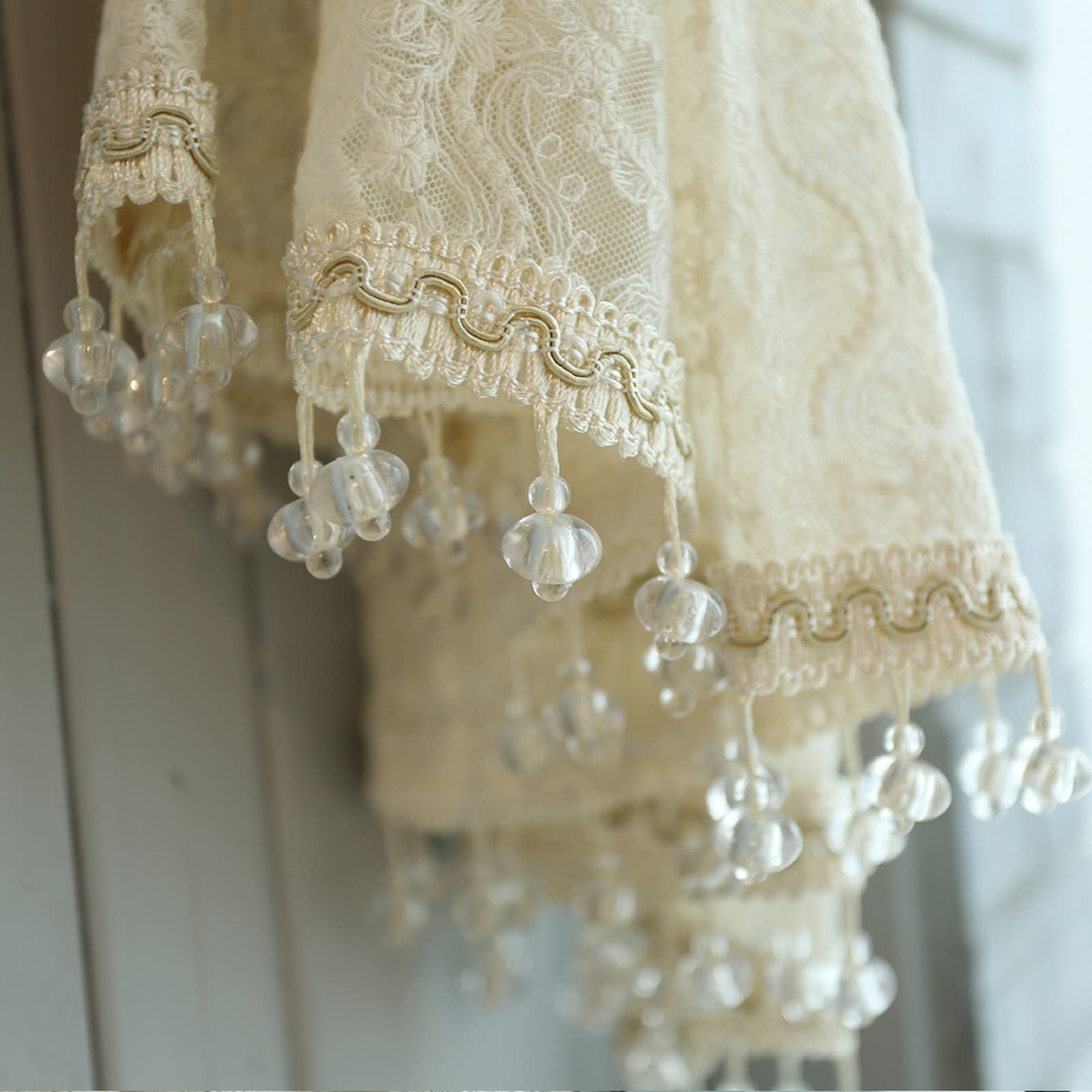 A.Monamour Rideau de Cuisine Court pour Petit Fenêtre - Dentelle Brodée Florale Beige Transparente Rétro Brise-bise à Disques Cantonnières Demi-Rideau Passe-Tringle pour Bistro Café