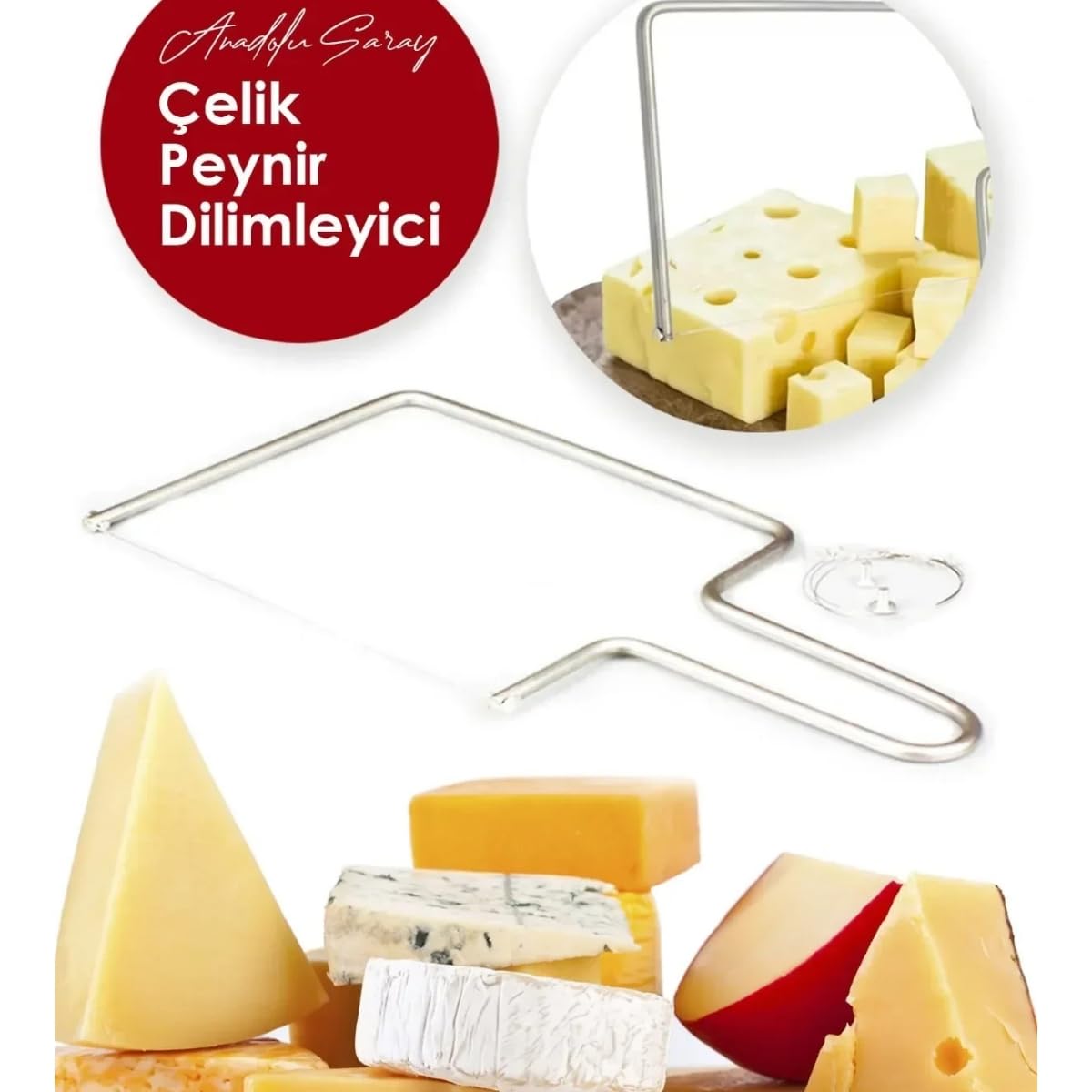 Paslanmaz Çelik Peynir Dilimleyici – Dayanıklı Tel Kesici, Kolay Kullanım, Peynir, Tereyağı ve Tatlı Dilimleme İçin Ergonomik Tasarım