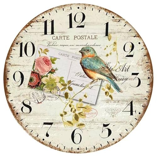 N&Life 12 Inch Silent Non-Ticking Colorful Bird Design Wall Clock Silent Wooden Round Wall Clocks Battery Operated Decorative Clock for Kitchen/Bedroom/Living Room/Office …