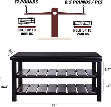Finnhomy 3-Tier Shoe Rack Bench Cushion. Holds Up to 400 lb Rack, for Entryway, Bedroom, Hallway, Accent Furniturn, Elegant Black Wood