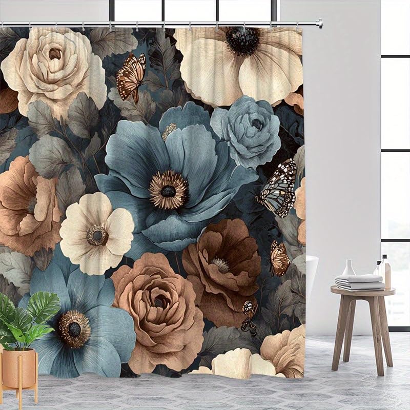 Rideau de douche vintage à motif floral botanique beige 75x190cm