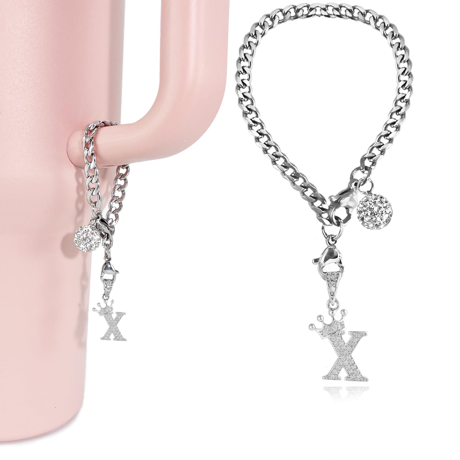 LUHOHI Silver Letter Charms for Stanley Cup- Crown Letter Charms Accessories for Stanley Handle 40Oz Tumblers Water Bottle Cup Initial Keychain with Diamond Glitter Jewelry Personalized Decorations X