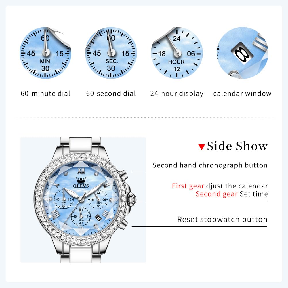 Orologio da donna in ceramica di lusso, con cronografo con cristalli scintillanti, orologio analogico al quarzo con 6 lancette con data, lancette luminose, impermeabile, elegante orologio da polso da