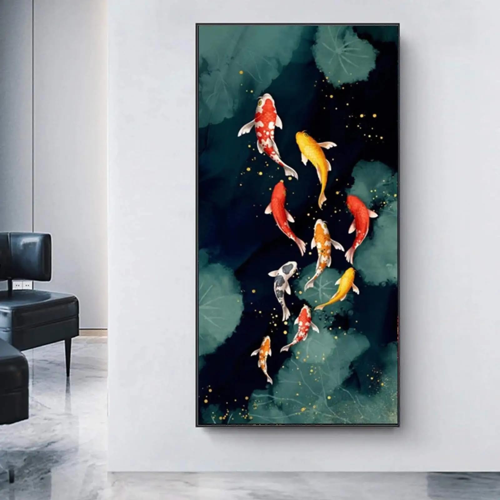 GKUVBF Quadro astratto con pesci koi su tela, decorazione murale per soggiorno, camera da letto e casa (40x80 cm/cornice interna)