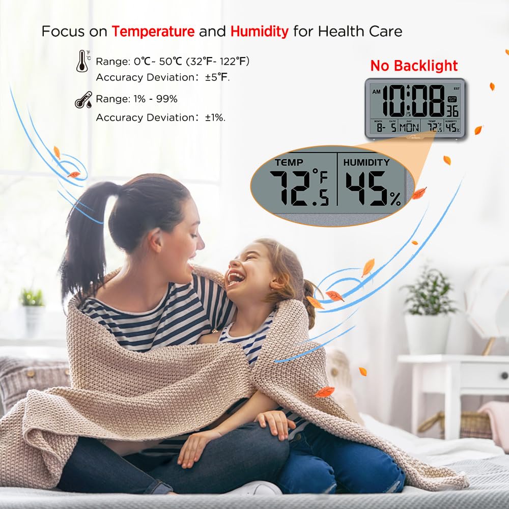 WallarGe Orologio da parete digitale a batteria, orologio da scrivania con temperatura, umidità e data, grande display digitale calendario sveglia per anziani, camera da letto, ufficio, 8 fusi orari