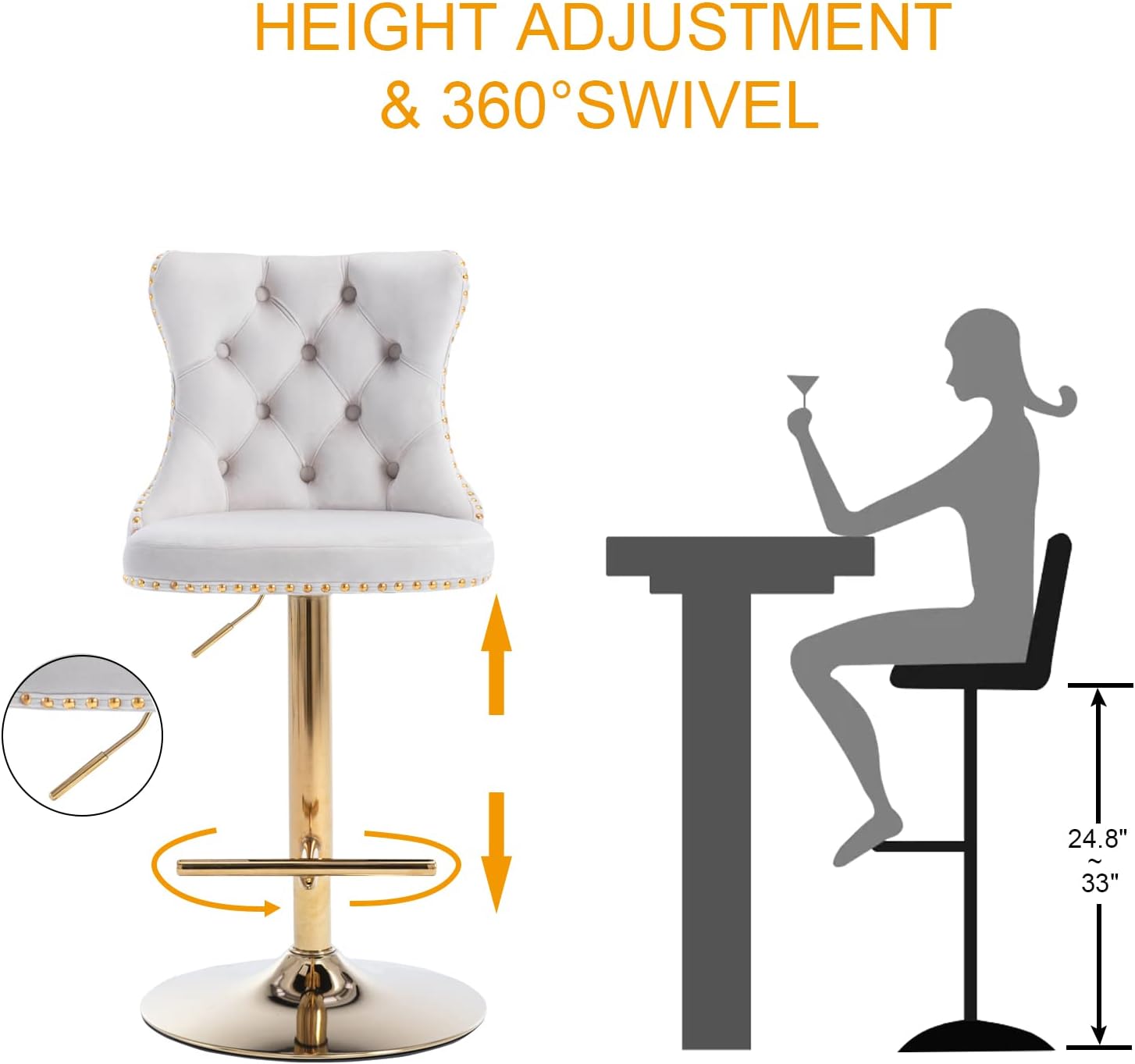 Shenyon Bar Stools Set of 2, Swivel Barstools with Nailheads Trim, Velvet Button Tufted Back and Golden Footrest, Adjustable Counter Height Bar Stools for Kitchen Counter,Home Bar,Pub, Beige
