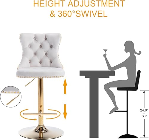 Miniatura 7 de Shenyon Juego de 2 taburetes de bar, giratorios ajustables de altura de mostrador, silla de bar tapizada de terciopelo con ribete clavado y respaldo