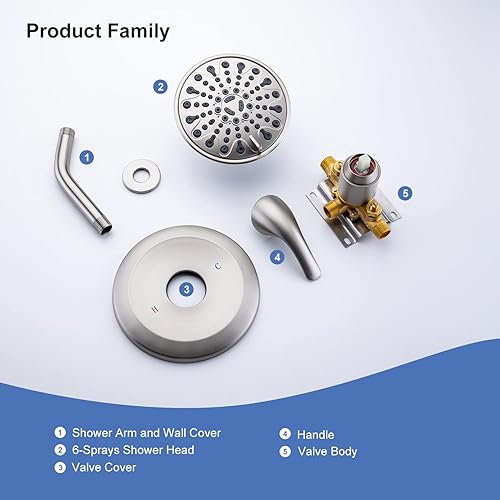 Miniatura 7 de Grifo de ducha de un solo mango de níquel cepillado, sistema de ducha equilibrado a presión, 6 funciones, cabezal de ducha de mano con manguera