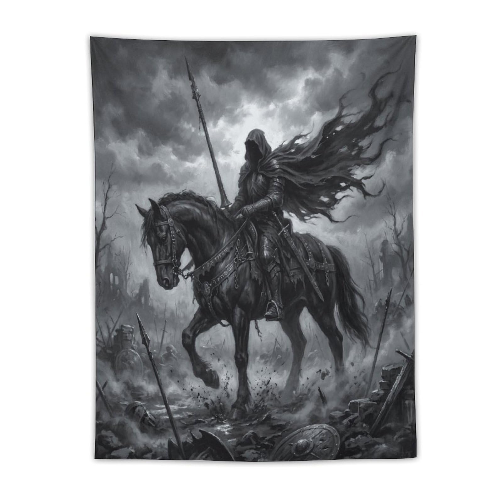 W7C8U2X3 Battlefield Horseman Wall Tapestry, Medieval Illustration Style