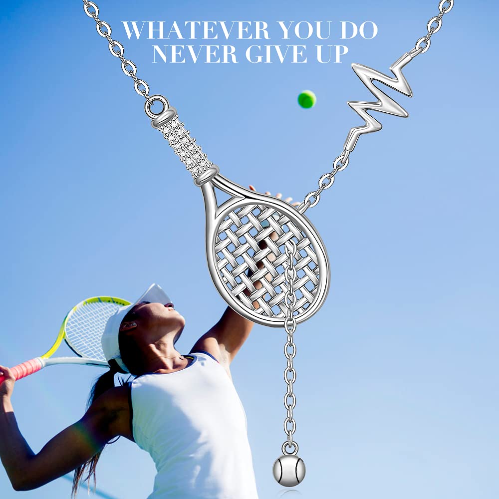 Collar de plata de ley con cadena de tenis, raqueta de tenis y bola colgante de latido del corazón de la joyería deportiva de tenis regalos para las niñas amantes