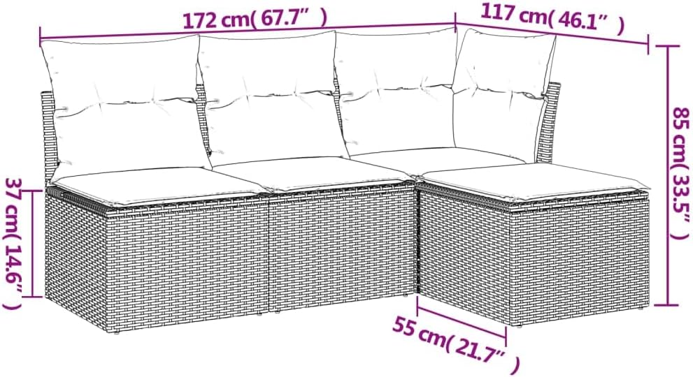 vidaXL Black Patio Sofa Set with Cushions - 4 Piece Poly Rattan Outdoor Furniture - Modular Lounge with Removable Covers for Garden, Deck, and Terrace