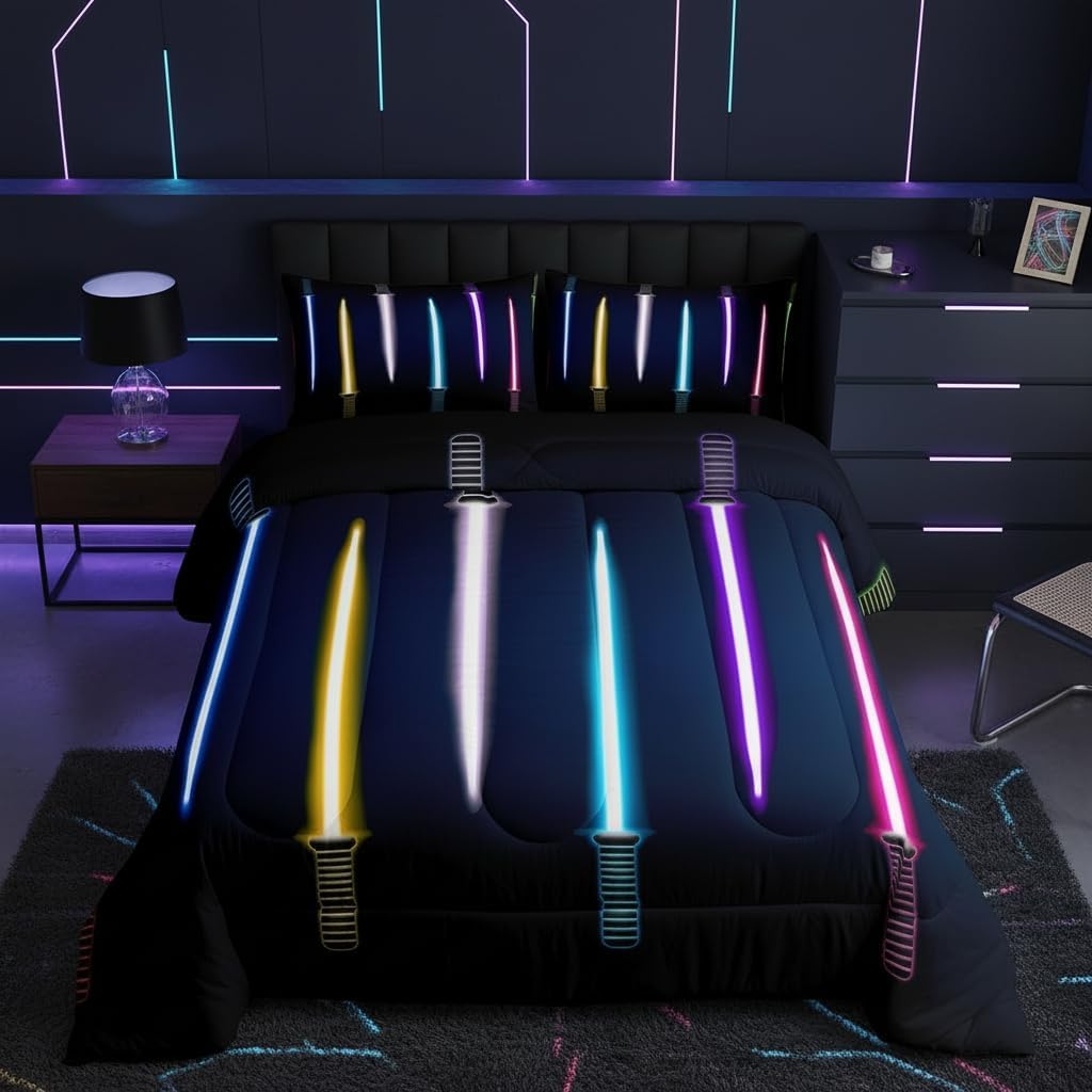Homewish Boys Colorful Lightsaber Twin Size Comforter Set,Kids Lightsaber Decor All Season Bedding Set,Teens Colorful Neon Comforter,Children Modern Cool Decor Quilt Set Bedroom Collection 2Pcs