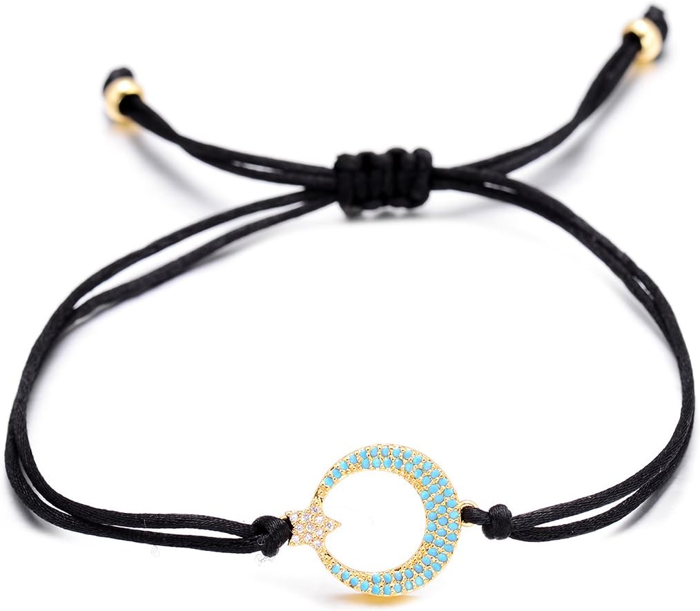 Crescent Moon And Star CZ Bracelet Charms Adjustable String Braided Bracelet Handmade (Black)