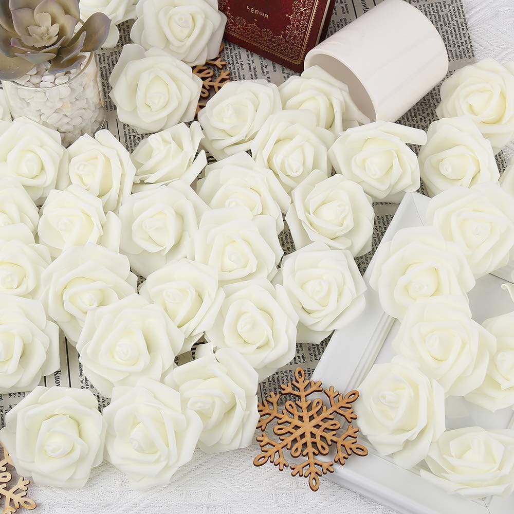 SATYAM KRAFT 12 Pcs Big Artificial Foam Rose Flowers Head – Floral Heads for DIY Crafts, Pooja Thali, Wedding, Festival, Mandap, Birthday & Home Decoration (White)
