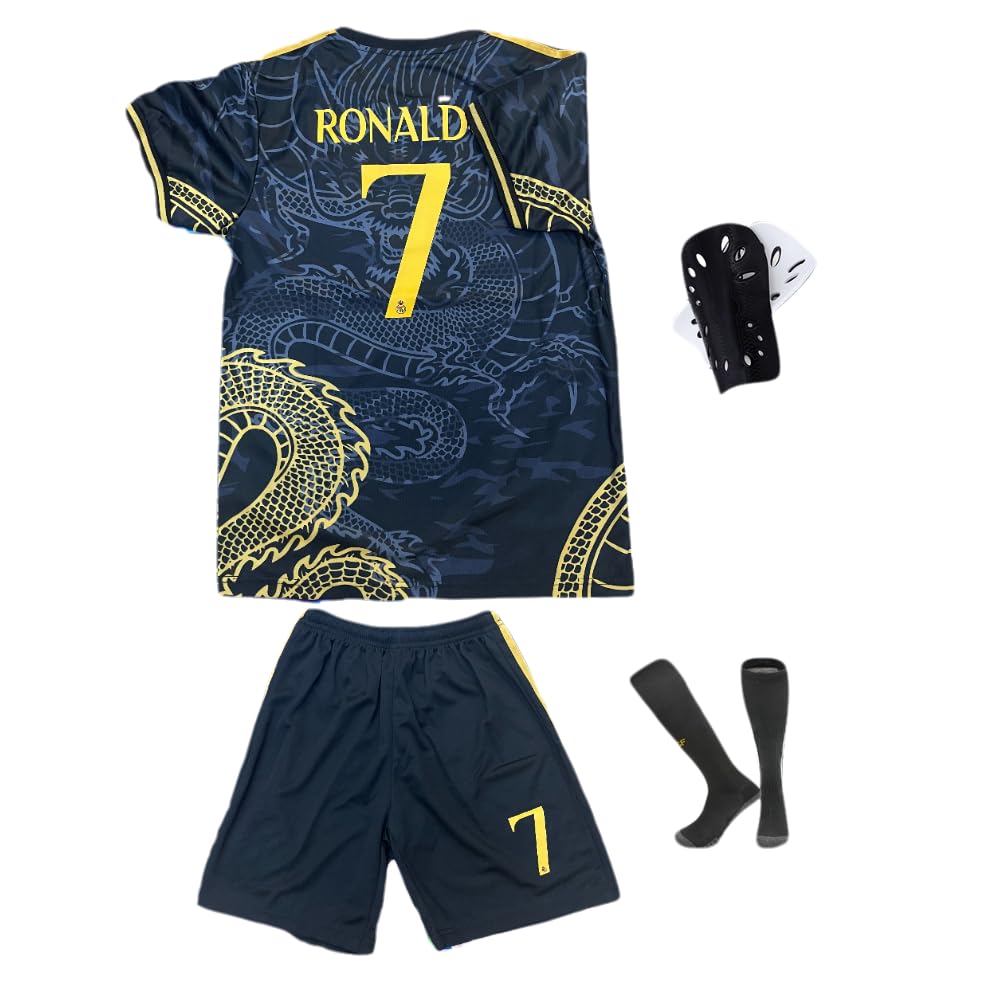 fzqtsHome Away Kids Soccer Jersey Kit #7 Boys Girls Tshirt Shorts Socks Shin Pads Set Youth Sizes for CR-7 Fans