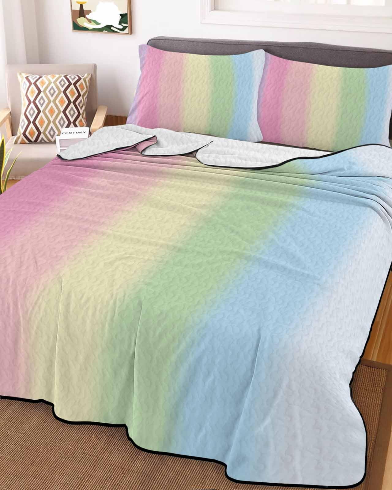 3-Piece Summer Quilt Twin Size, Rainbow Stripes Lightweight Cooling Bedding Comforter Blanket with 2 Pillow Shams, Modern Colorful Cream Striped Aesthetics Bedspreads Quilted Coverlet Sets 68