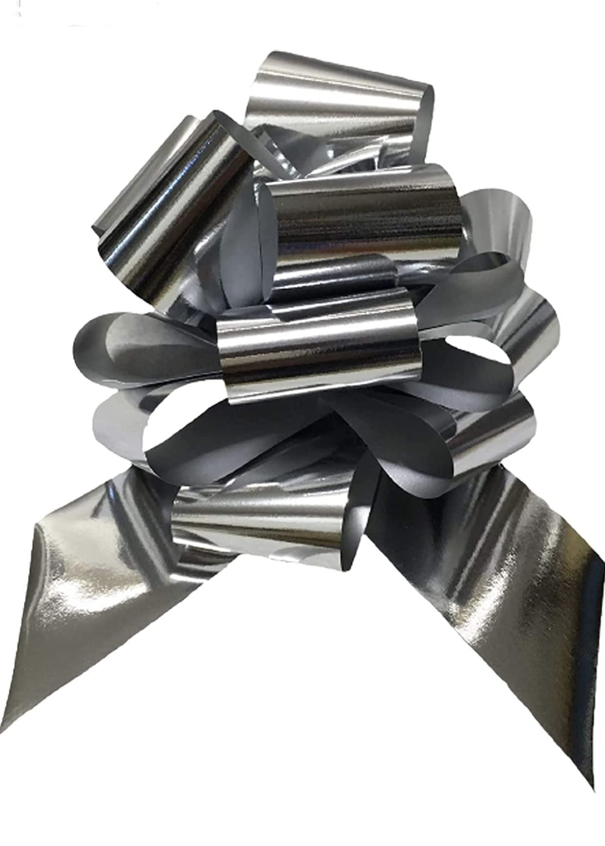 30 Pieces Large Silver Metallic Reflex Bow Tie Bow 5 mm Self Pull Bows for Weddings Cars, Home, Christening, Graduation