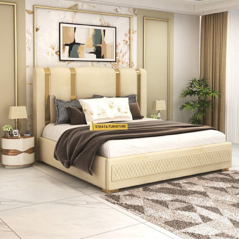 STRATA FURNITURE Sheesham Wood Queen Size Platfrom Bed with Box Storage and Upholstered Headboard | Modern Wooden Double Bed Cot Palang Furniture for Bedroom, Hotels, Living Room, and Home (Beige)-image-30