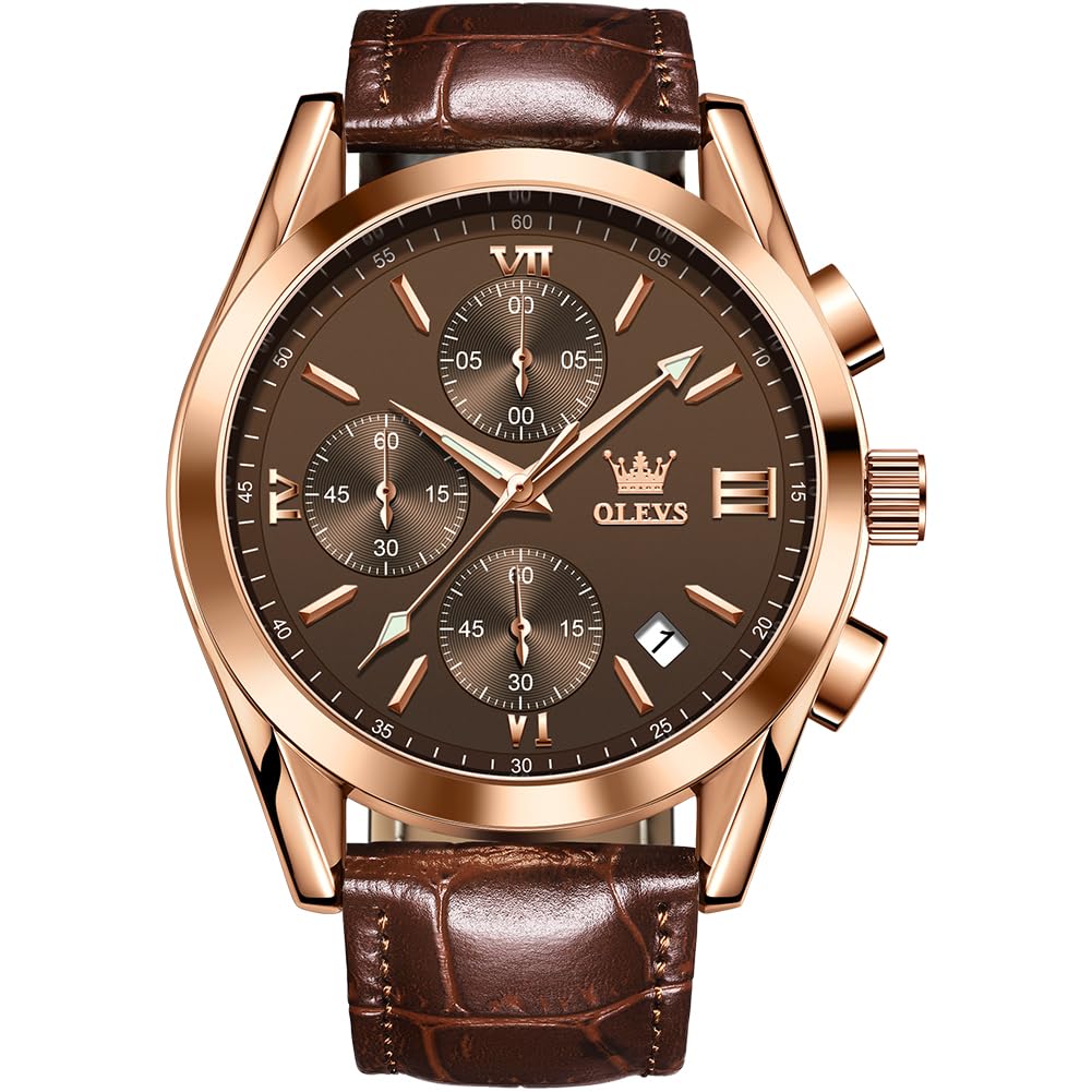 OLEVS Watch for Men Chronograph Brown Leather Gold Case Analog Quartz Fashion Business Dress Large Face Men Watch Day Date Luminous Waterproof Casual Male Wrist Watch Black/Blue/White Dial