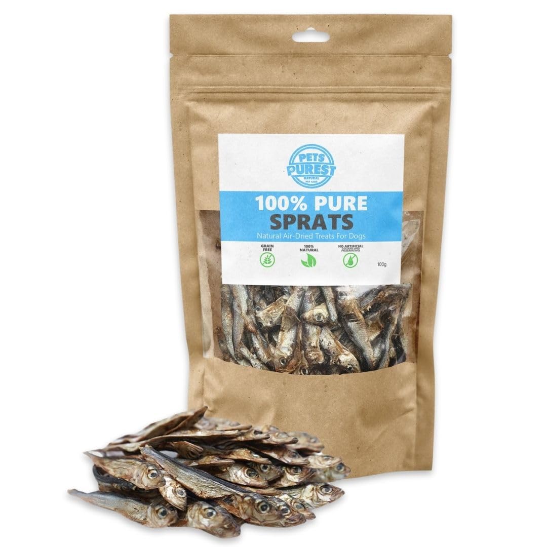 Pets Purest Sprotten Hundesnack & Katzensnack 100g - Natürlicher, luftgetrockneter Fischsnack für ausgewachsene/ältere Hunde, Welpen, Katzen - Getreide-, Gluten- & laktosefreie